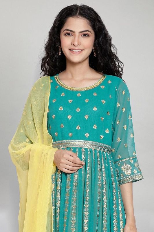 Aurelia Green Printed Ethnic Dress Dupatta Set