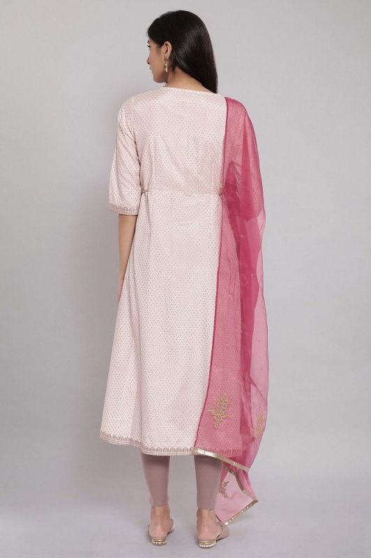 W Shell Pink Embroidered Kurta-Tights- Drape Set