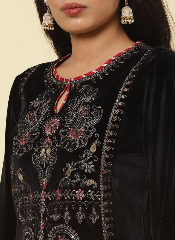Lakshita Charcoal Black embroidered A-line kurti