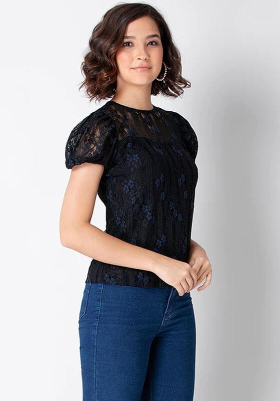Faballey Black Puff Sleeve Floral Lace Top