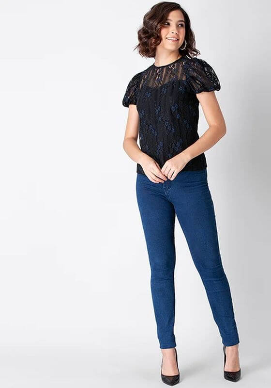 Faballey Black Puff Sleeve Floral Lace Top
