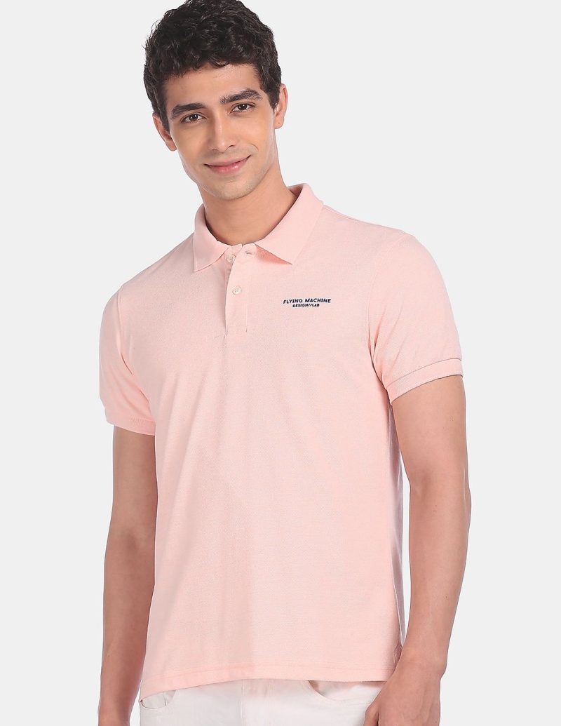 FLYING MACHINEMen Light Pink Ribbed Collar Solid Pique Polo Shirt