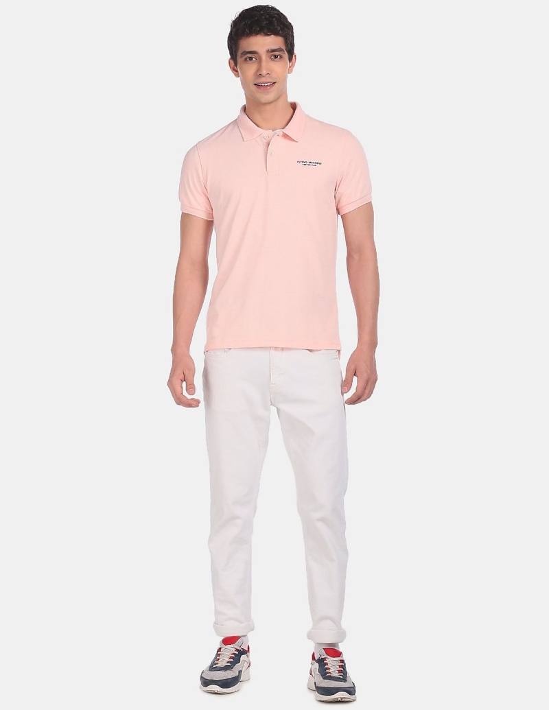 FLYING MACHINEMen Light Pink Ribbed Collar Solid Pique Polo Shirt