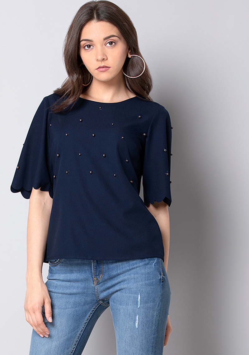 Faballey Navy Pearl Embellished Scallop Top