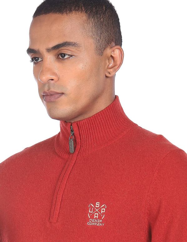 U.S. POLO ASSN. DENIM CO.Men Red High Neck Contrast Panel Sweater