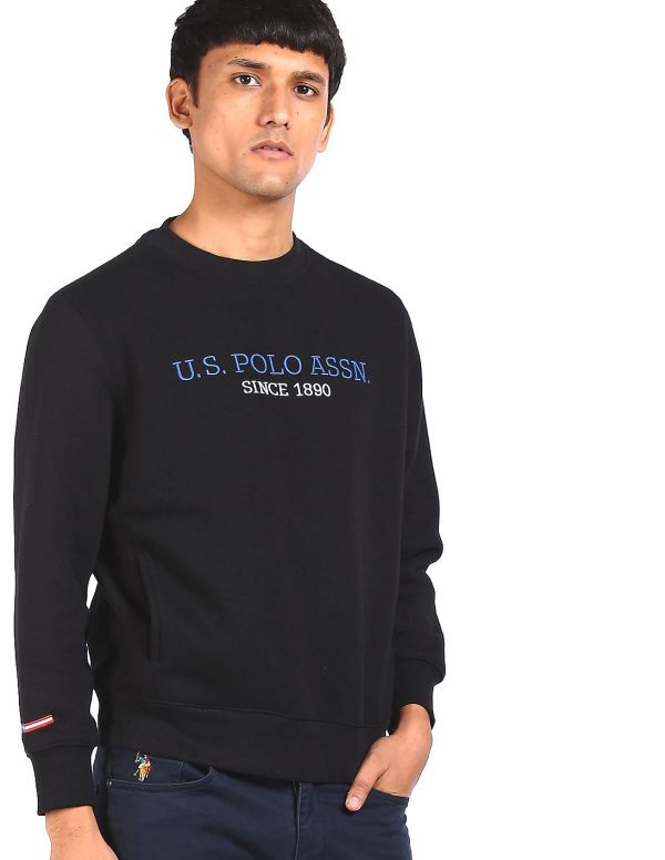 U.S. POLO ASSN. DENIM CO. Men Black Crew Neck Embroidered Logo Sweatshirt