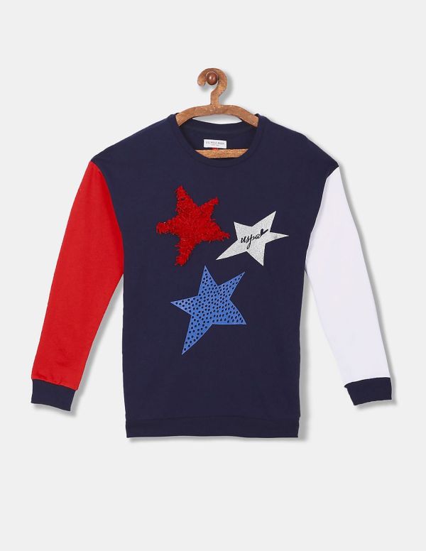 U.S. POLO ASSN. KIDSGirls Navy Ribbed Crew Neck Star Print Sweatshirt