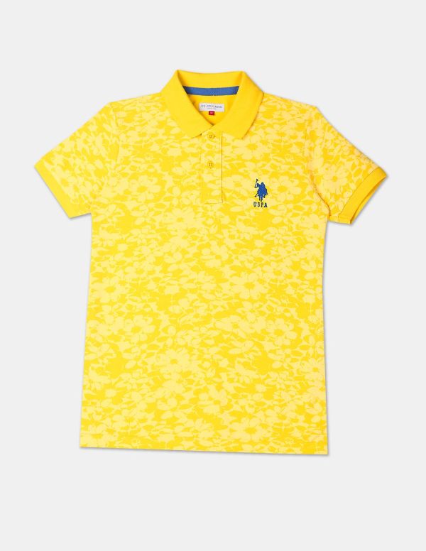 U.S. POLO ASSN. KIDSBoys Yellow Ribbed Collar Floral Print Pique Polo Shirt