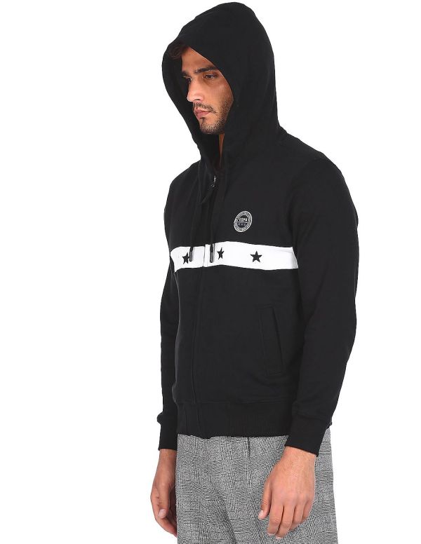 U.S. POLO ASSN.Men Black Colour Block Hooded Sweatshirt