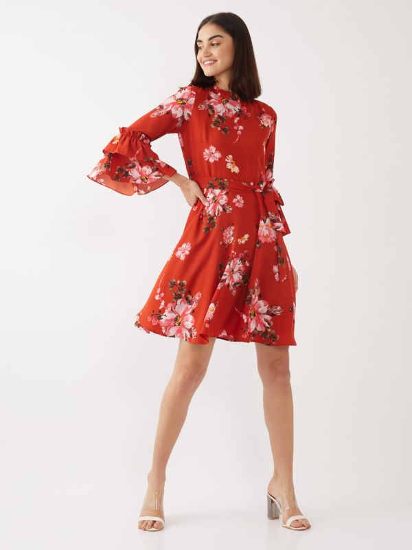 ZINK LONDON Red Printed Tie-Up Short Dress For Women