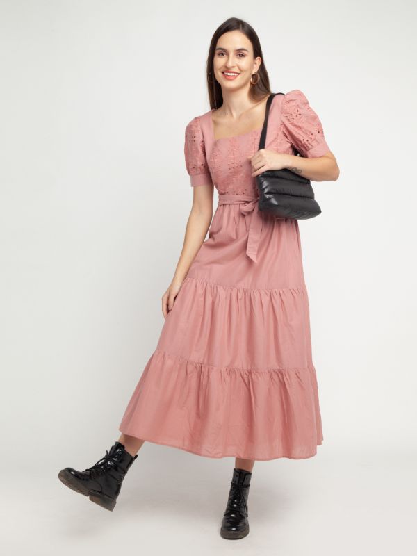 Zink London Pink Self Design Tiered Maxi Dress For Women