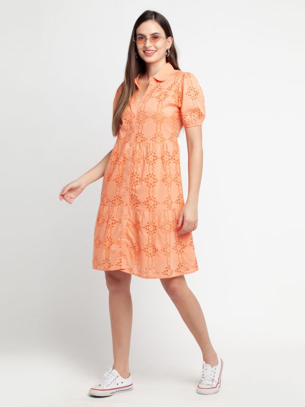 Zink London Orange Self Design Shirt Dress Midi Dress For Women