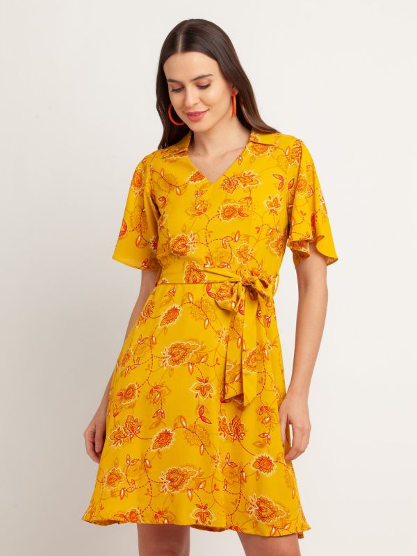 Zink London Yellow Printed Shirt Dress For Women