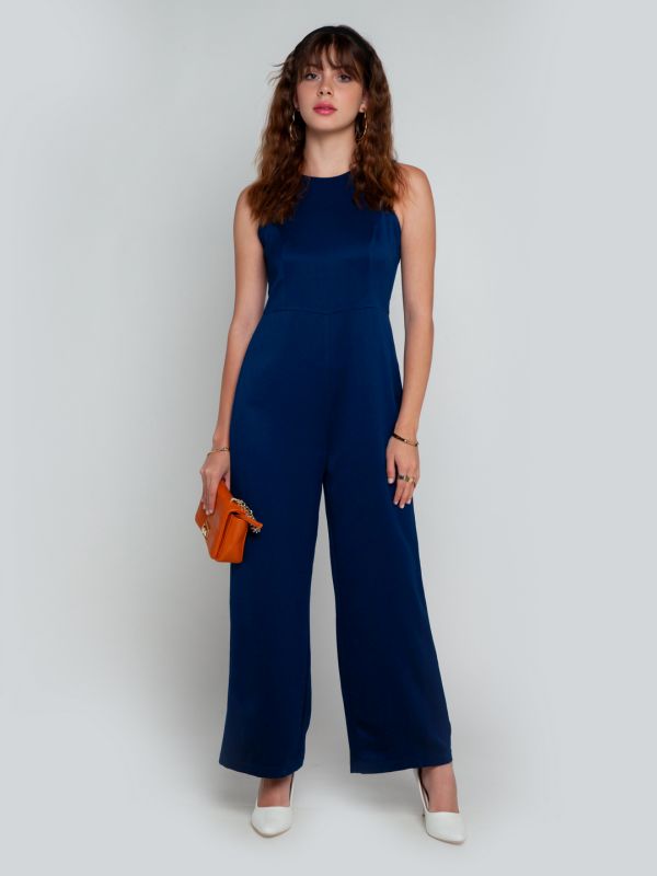 Zink London Navy Blue Solid Straight Jumpsuit For Women