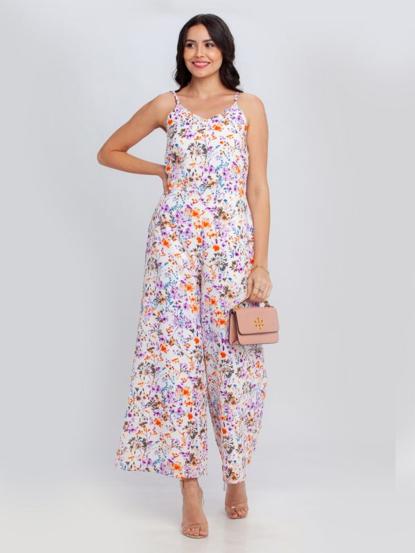 Zink London Off White Printed Strappy Jumpsuit For Women