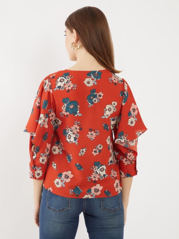 ZINK LONDON Red Printed Flared Sleeve Top For Women