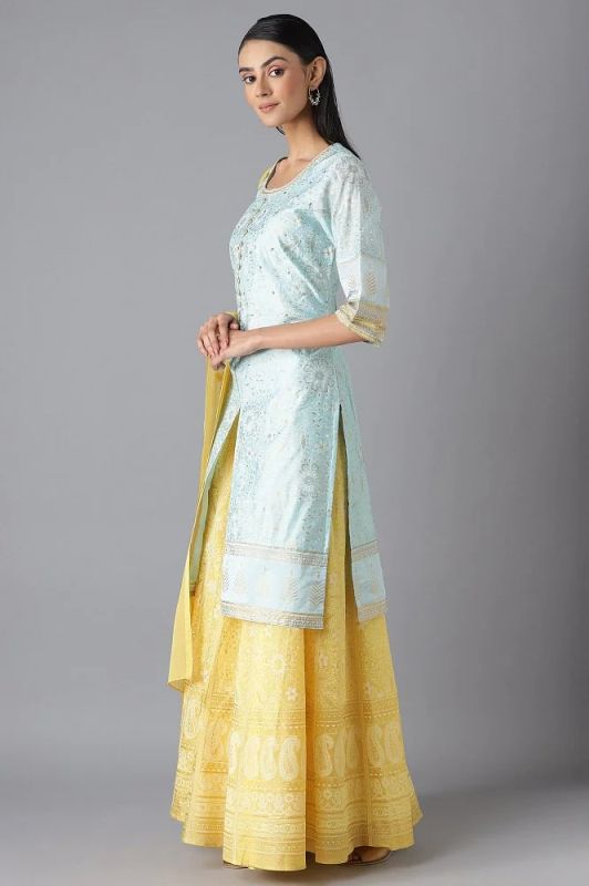 Aurelia Blue Chanderi Kurta Yellow Skirt and Dupatta Set