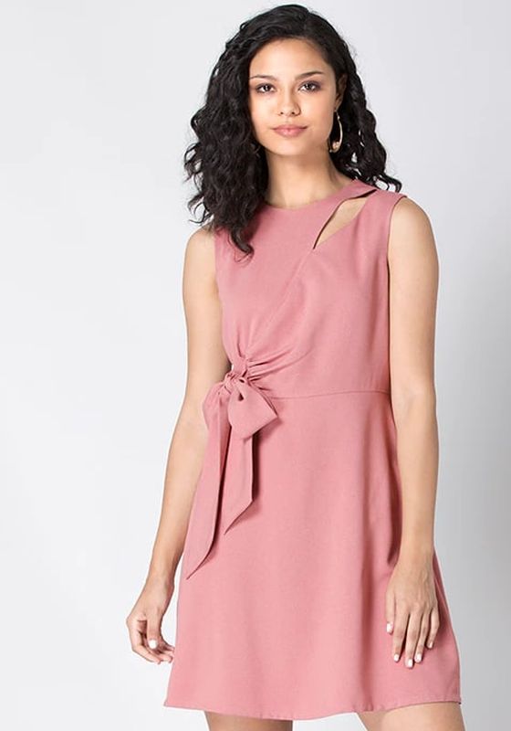 Faballey Dusty Pink Slit Shoulder Side Tie Dress