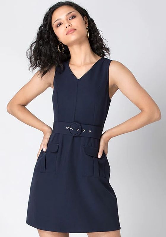 Faballey Navy Solid Belted A-Line Dress