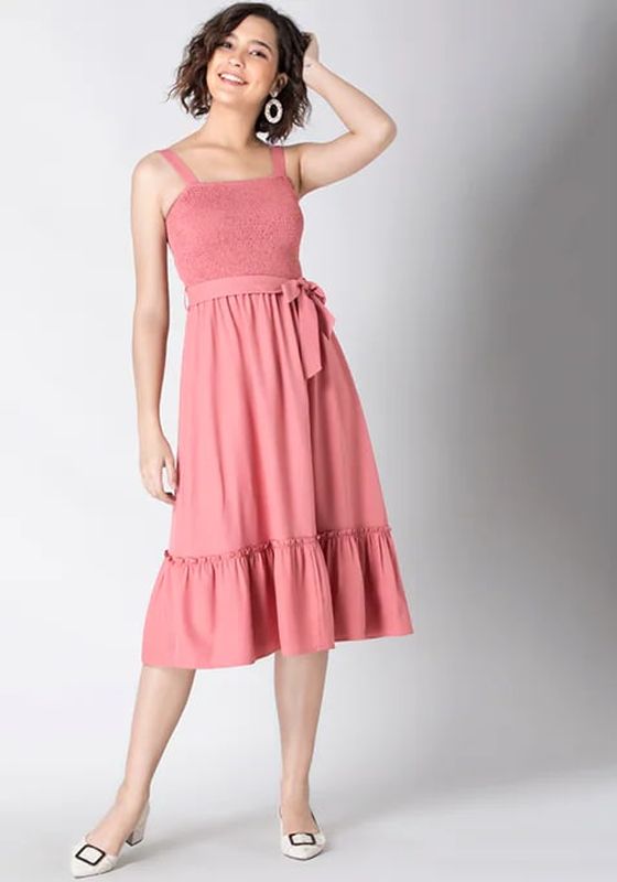 Faballey Dusty Pink Belted Smocked Back Midi Dress