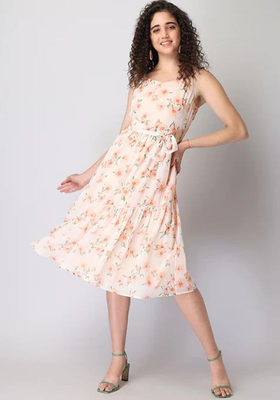 Faballey Peach Floral Strappy Asymmetric Ruffle Belted Midi Dress