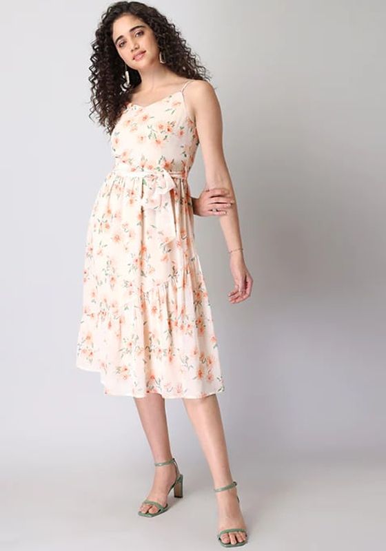 Faballey Peach Floral Strappy Asymmetric Ruffle Belted Midi Dress