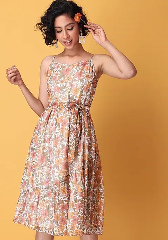 Faballey Multicolored Floral Strappy Asymmetric Ruffled Belted Midi Dress