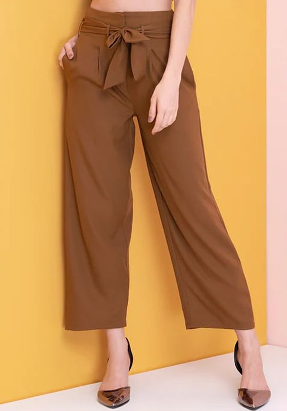 Faballey Tan Belted High Waist Paperbag Straight Trousers