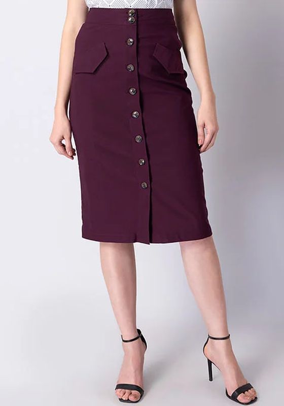 Faballey Purple Buttoned High Waist Pencil Skirt