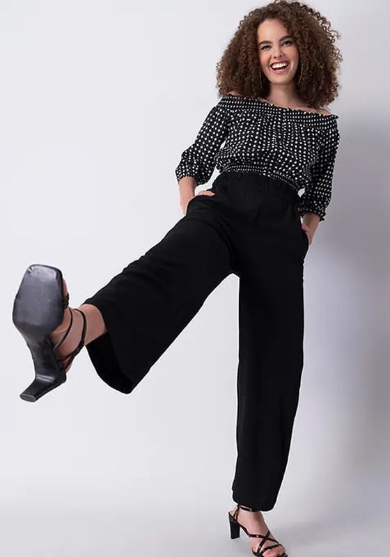Faballey Black Paperbag High Waist Straight Fit Trousers