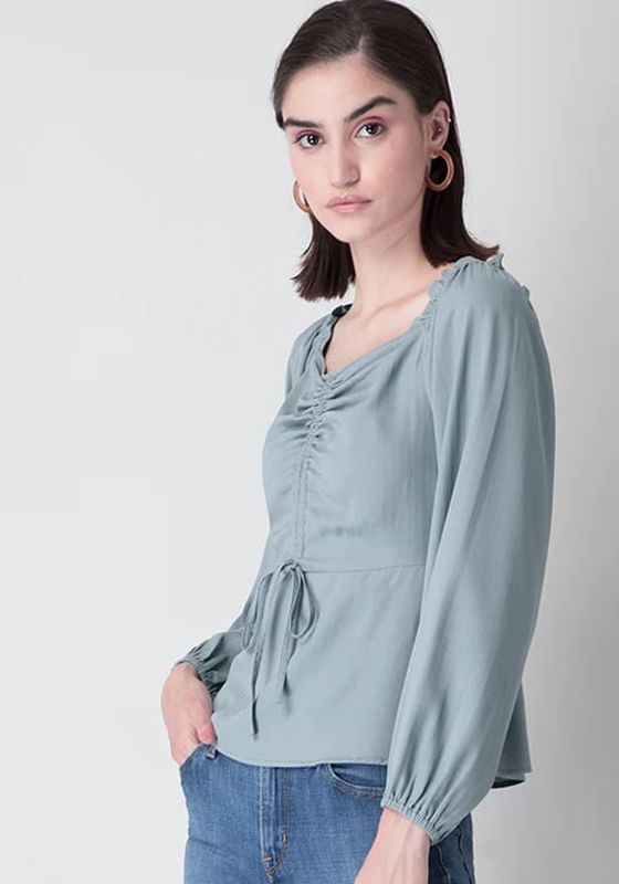 Faballey Blue Front Ruched Front Peplum Top