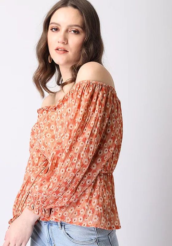Faballey Orange Floral Frilled Puff Sleeve Smocked Peplum Top