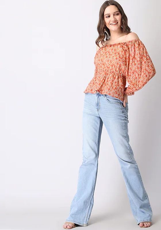Faballey Orange Floral Frilled Puff Sleeve Smocked Peplum Top