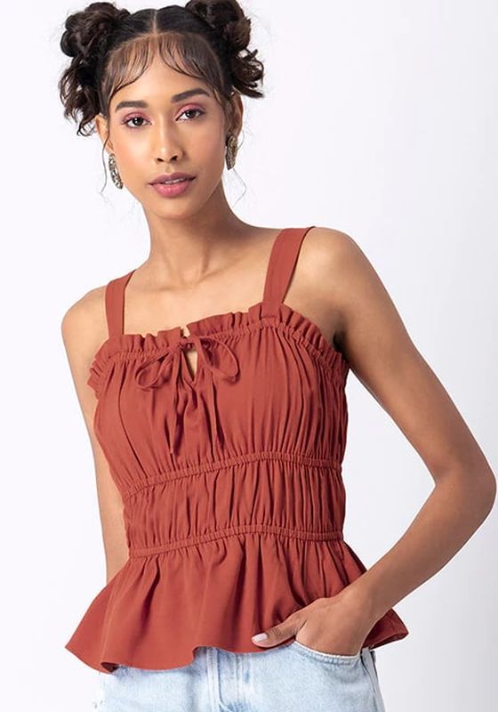 Faballey Rust Strappy Smocked Front Tie Peplum Top