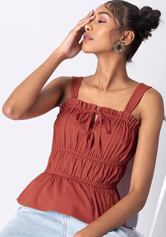 Faballey Rust Strappy Smocked Front Tie Peplum Top