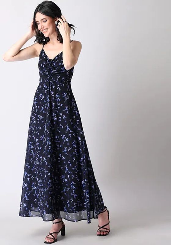 Faballey Navy Floral Strappy Ruched Maxi Dress