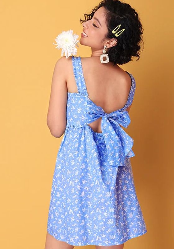 Faballey Blue Floral Strappy Back Tie Dress
