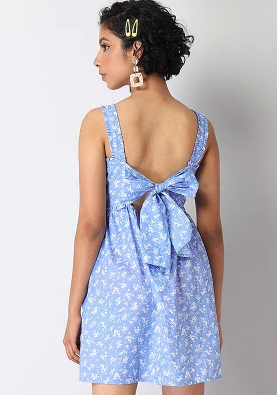 Faballey Blue Floral Strappy Back Tie Dress