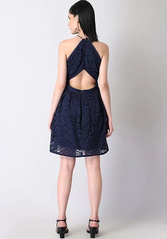 Faballey Navy Lace Halter Back Cut Out Dress