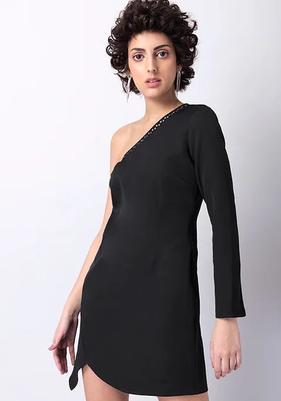 Faballey Black Embellished One Shoulder Asymmetric Mini Dress