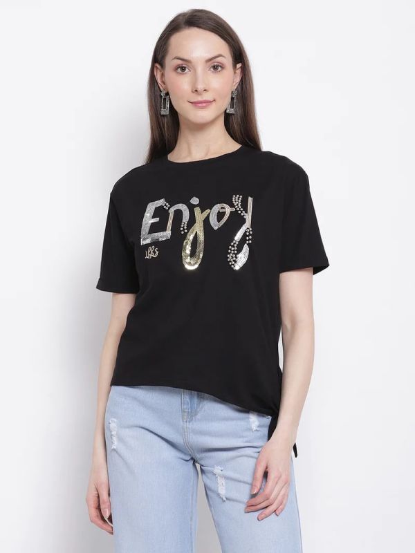 GLOBAL REPUBLIC WOMEN BLACK PRINTED TOP WITH KNOT DETAILS AT HEM