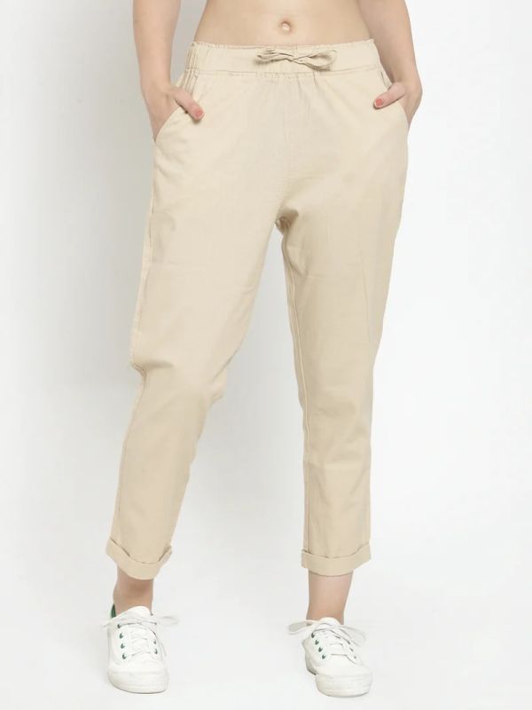 GLOBAL REPUBLIC WOMEN BEIGE SOLID TAPERED FIT LOWER
