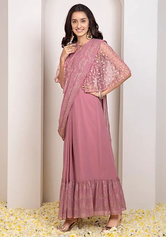 Indya Pink Embroidered Cape Saree Tunic