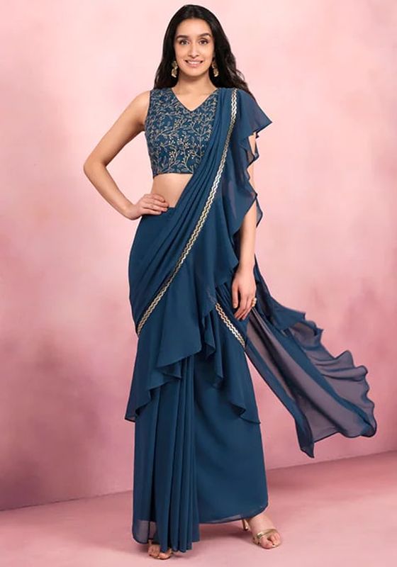 Indya Teal Ruffled Saree Skirt – Suvidha Store