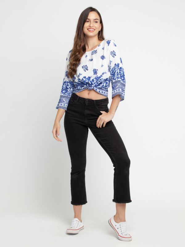 Zink London White Printed Fitted Top For Women
