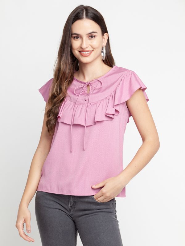 Zink London Pink Solid Ruffled Top For Women