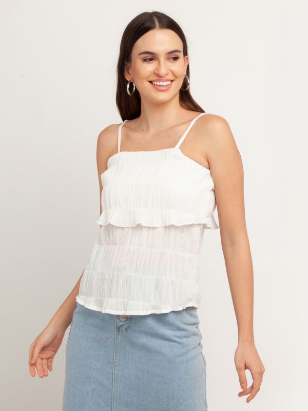 Zink London White Self Design Strappy Top For Women
