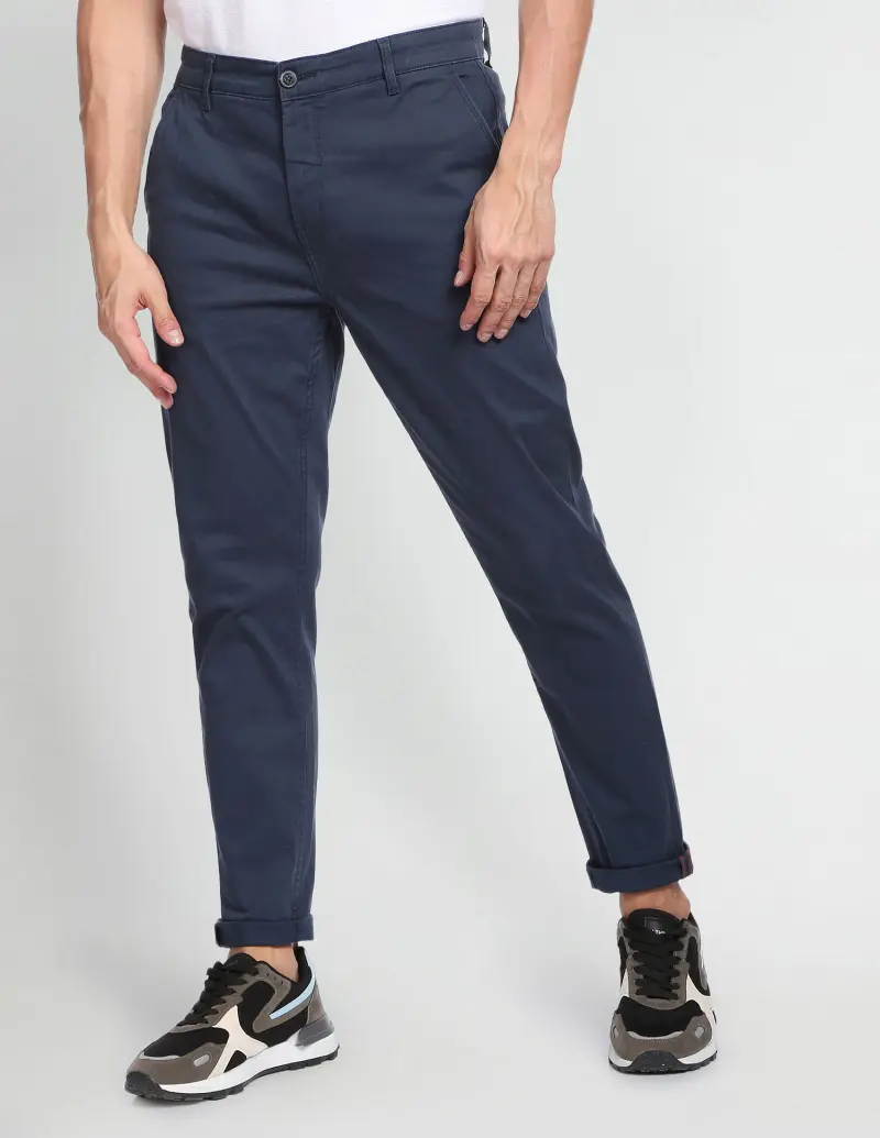 Solid Twill Slim Tapered Casual Trousers