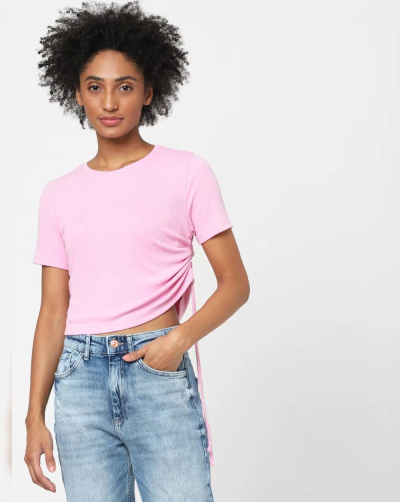PINK RUCHED RIBBED T-SHIRT