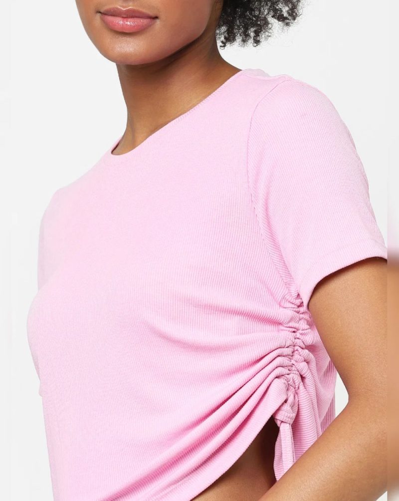 PINK RUCHED RIBBED T-SHIRT